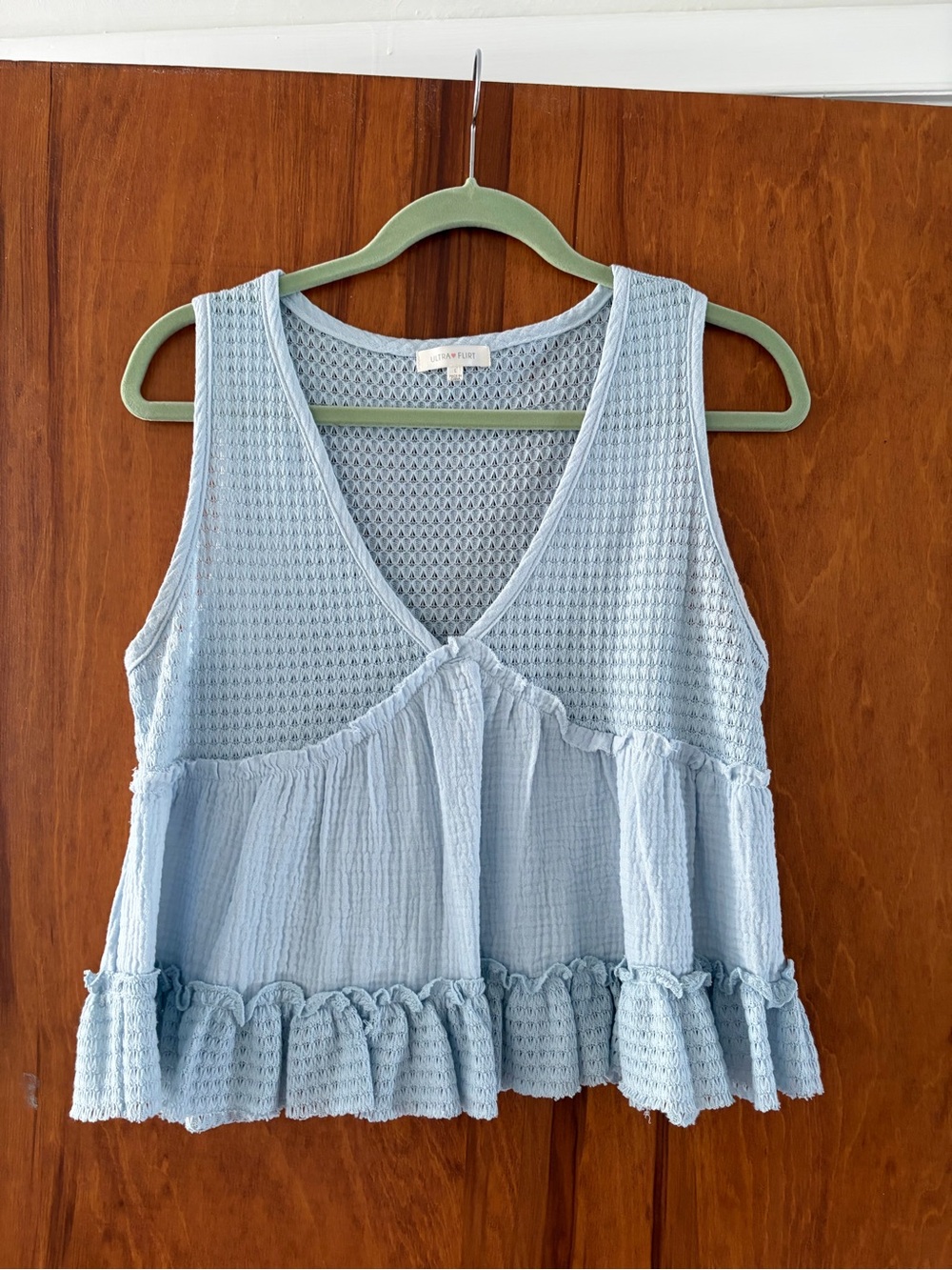 Light Blue Textured V-Neck Tiered Tank Top